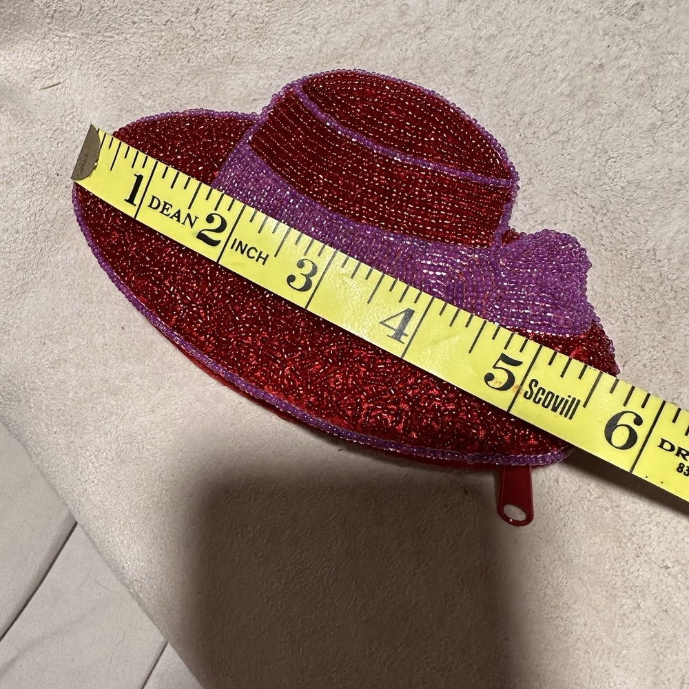 Red Hat Society Vintage Purple Trim Seed Beaded‎ Keychain Coin Purse Wallet - Picture 4 of 6